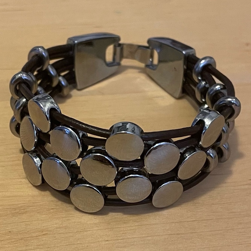 Dark Brown Leather Cords Chrome Discs Bracelet